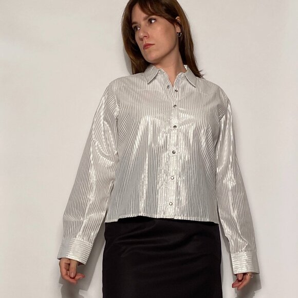Vintage Y2K WRANGLER Metallic Silver Striped WESTERN Shirt! Large - Picture 12 of 15